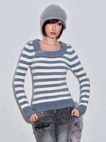 ROMWE Y2K Vintage Retro Colorblock Striped V-Neck Women's Sweater - Blue - View 5