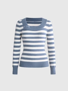 ROMWE Y2K Vintage Retro Colorblock Striped V-Neck Women's Sweater - Blue - View 2