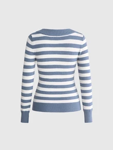 ROMWE Y2K Vintage Retro Colorblock Striped V-Neck Women's Sweater - Blue - View 3