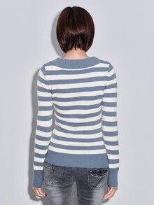 ROMWE Y2K Vintage Retro Colorblock Striped V-Neck Women's Sweater - Blue - View 7