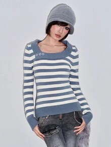 ROMWE Y2K Vintage Retro Colorblock Striped V-Neck Women's Sweater - Blue - View 1