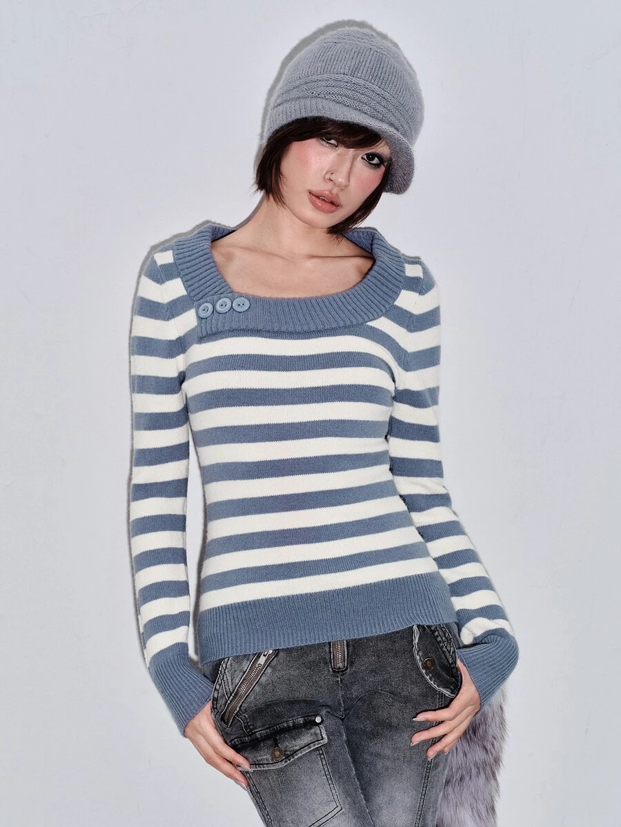 ROMWE Y2K Vintage Retro Colorblock Striped V-Neck Women's Sweater - Blue - View 1