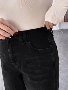 SHEIN 孕婦牛仔褲休閒寬鬆寬腿長褲黑色冬季女裝牛仔風社交穿搭 - 黑色 - 查看 7