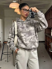 Sparklyn 青少年女孩迷彩印花落肩連帽衫休閒灰色迷彩寬鬆套頭衛衣 - 綠色 - 查看 5