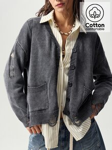 Bohemela Women's Dropped Shoulder Long Sleeve Single-Breasted Washed Casual Knit Cardigan - Grey - View 2
