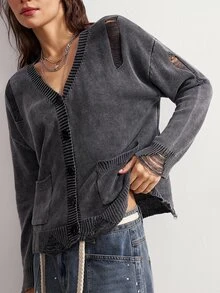 Bohemela Women's Dropped Shoulder Long Sleeve Single-Breasted Washed Casual Knit Cardigan - Grey - View 3