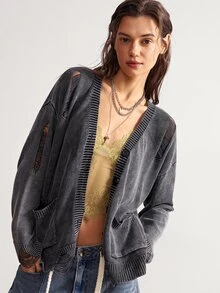 Bohemela Women's Dropped Shoulder Long Sleeve Single-Breasted Washed Casual Knit Cardigan - Grey - View 4