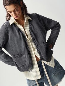 Bohemela Women's Dropped Shoulder Long Sleeve Single-Breasted Washed Casual Knit Cardigan - Grey - View 5