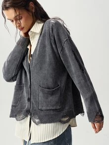 Bohemela Women's Dropped Shoulder Long Sleeve Single-Breasted Washed Casual Knit Cardigan - Grey - View 1