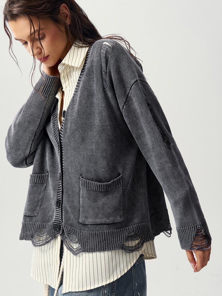 Bohemela Women's Dropped Shoulder Long Sleeve Single-Breasted Washed Casual Knit Cardigan - Grey - View 1