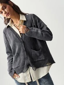 Bohemela Women's Dropped Shoulder Long Sleeve Single-Breasted Washed Casual Knit Cardigan - Grey - View 6