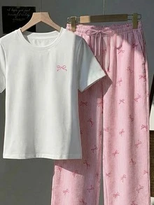 Comfortcana 2件組女款休閒長褲套裝，粉色與白色條紋褲，蝴蝶結印花，女款夏季服飾，女款休閒穿著 - 彩色 - 查看 6