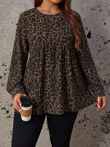 Comfylo Vintage Leopard Print Casual Minimalist Plus Size Loose Long Sleeve Shirt, Suitable For Spring And Autumn Fall - Multicolor - View 1