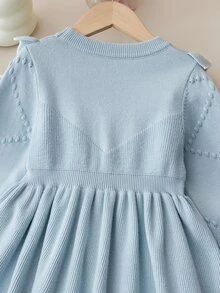 Souflis Souflis Young Girl's Pink Bow Decor Sweater Dress, Cute Ruffle Trim Round Neck Long Sleeve Knitted Dress Autumn Fall - Blue - View 8
