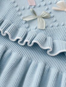 Souflis Souflis Young Girl's Pink Bow Decor Sweater Dress, Cute Ruffle Trim Round Neck Long Sleeve Knitted Dress Autumn Fall - Blue - View 5