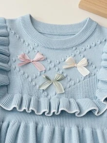 Souflis Souflis Young Girl's Pink Bow Decor Sweater Dress, Cute Ruffle Trim Round Neck Long Sleeve Knitted Dress Autumn Fall - Blue - View 4