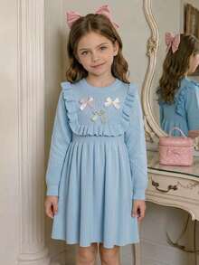 Souflis Souflis Young Girl's Pink Bow Decor Sweater Dress, Cute Ruffle Trim Round Neck Long Sleeve Knitted Dress Autumn Fall - Blue - View 10