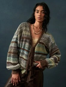 Bohemela Vintage Boho Circle Mesh Knit Tie-Front Cardigan Everyday Going Out Picnic Everyday Brown Striped Autumn - Lime Green - View 5