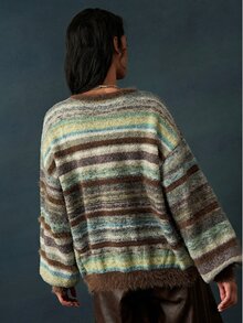 Bohemela Vintage Boho Circle Mesh Knit Tie-Front Cardigan Everyday Going Out Picnic Everyday Brown Striped Autumn - Lime Green - View 7