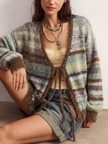 Bohemela Vintage Boho Circle Mesh Knit Tie-Front Cardigan Everyday Going Out Picnic Everyday Brown Striped Autumn - Lime Green - View 3