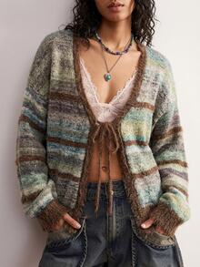 Bohemela Vintage Boho Circle Mesh Knit Tie-Front Cardigan Everyday Going Out Picnic Everyday Brown Striped Autumn - Lime Green - View 2