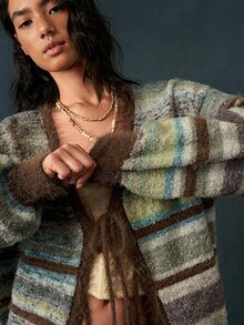 Bohemela Vintage Boho Circle Mesh Knit Tie-Front Cardigan Everyday Going Out Picnic Everyday Brown Striped Autumn - Lime Green - View 4