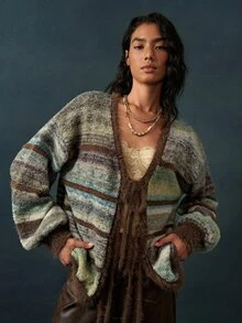 Bohemela Vintage Boho Circle Mesh Knit Tie-Front Cardigan Everyday Going Out Picnic Everyday Brown Striped Autumn - Lime Green - View 8