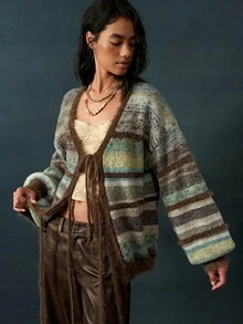 Bohemela Vintage Boho Circle Mesh Knit Tie-Front Cardigan Everyday Going Out Picnic Everyday Brown Striped Autumn - Lime Green - View 6