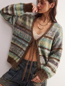 Bohemela Vintage Boho Circle Mesh Knit Tie-Front Cardigan Everyday Going Out Picnic Everyday Brown Striped Autumn - Lime Green - View 1