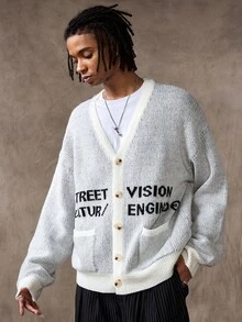 ROMWE MEN Cardigan Rajut Jacquard Pria dengan Bukaan Depan, Gaya Vintage Klasik untuk Kalangan Kaya. - Putih - View 10