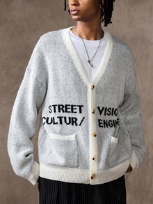 ROMWE MEN Cardigan Rajut Jacquard Pria dengan Bukaan Depan, Gaya Vintage Klasik untuk Kalangan Kaya. - Putih - View 9