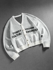 ROMWE MEN Cardigan Rajut Jacquard Pria dengan Bukaan Depan, Gaya Vintage Klasik untuk Kalangan Kaya. - Putih - View 1