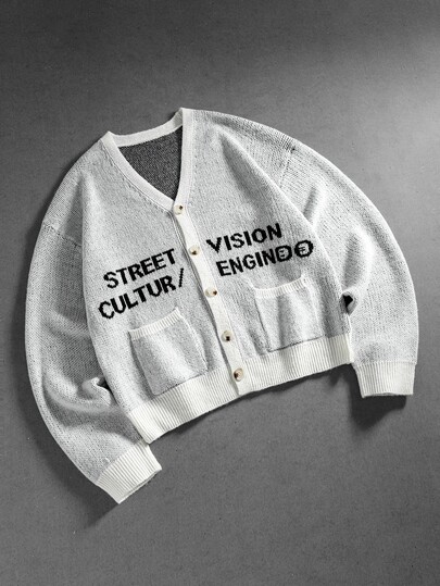 Cardigan tricoté jacquard à lettres ouvert devant pour hommes, style vintage de rue Old Money