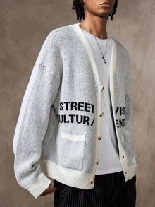ROMWE MEN Cardigan Rajut Jacquard Pria dengan Bukaan Depan, Gaya Vintage Klasik untuk Kalangan Kaya. - Putih - View 7