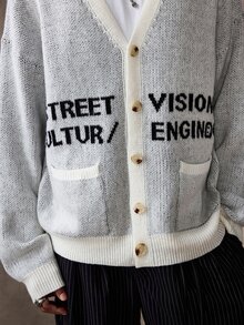 ROMWE MEN Cardigan Rajut Jacquard Pria dengan Bukaan Depan, Gaya Vintage Klasik untuk Kalangan Kaya. - Putih - View 4