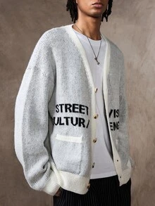 ROMWE MEN Cardigan Rajut Jacquard Pria dengan Bukaan Depan, Gaya Vintage Klasik untuk Kalangan Kaya. - Putih - View 6