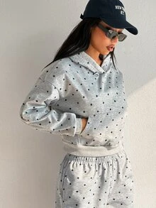 SHEIN Dewbera بلوزة رياضية نسائية متعددة الاستخدامات بنقاط بولكا مع بطانية رأس، خريف/شتاء - رمادي - مشاهدة 4