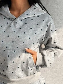 SHEIN Dewbera بلوزة رياضية نسائية متعددة الاستخدامات بنقاط بولكا مع بطانية رأس، خريف/شتاء - رمادي - مشاهدة 5