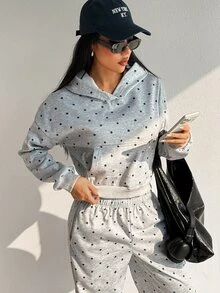 SHEIN Dewbera بلوزة رياضية نسائية متعددة الاستخدامات بنقاط بولكا مع بطانية رأس، خريف/شتاء - رمادي - مشاهدة 2