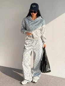 SHEIN Dewbera بلوزة رياضية نسائية متعددة الاستخدامات بنقاط بولكا مع بطانية رأس، خريف/شتاء - رمادي - مشاهدة 1