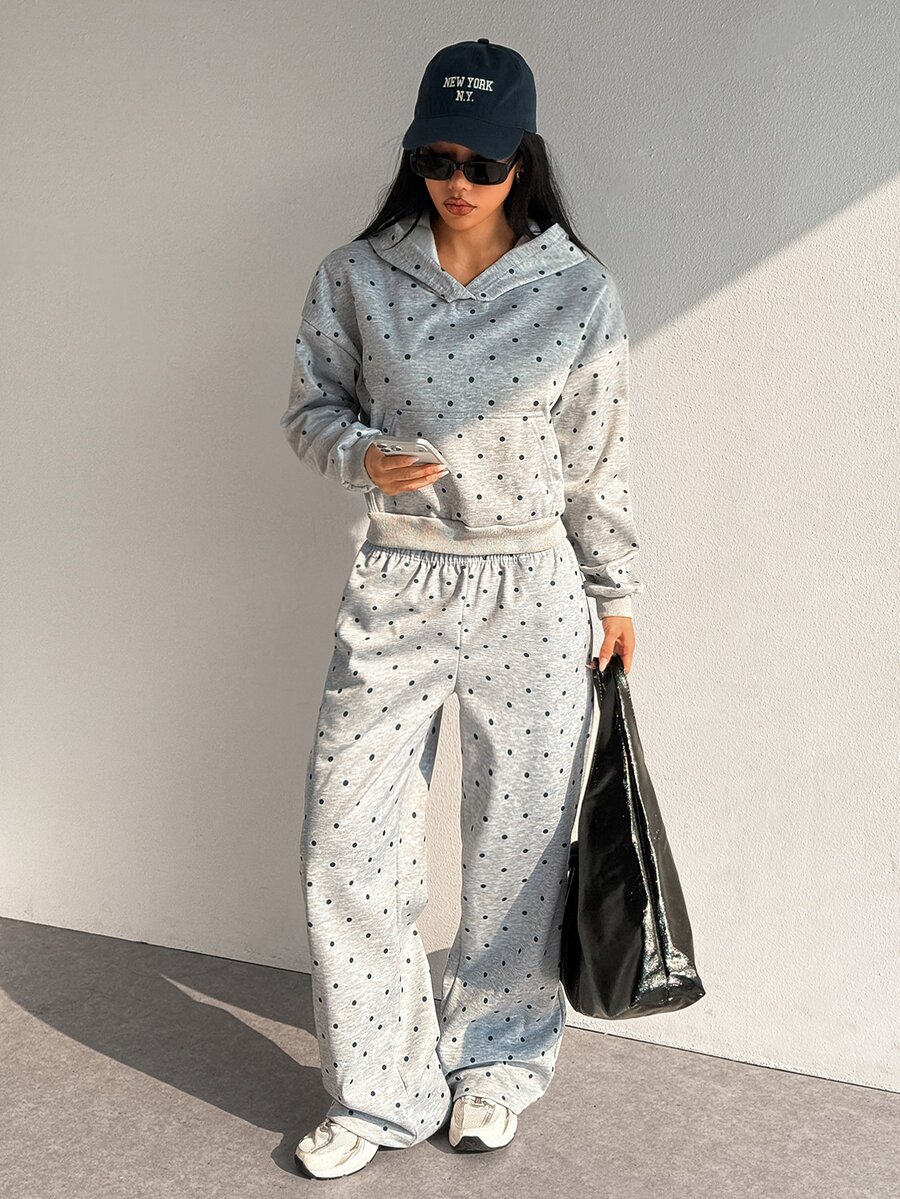 SHEIN Dewbera بلوزة رياضية نسائية متعددة الاستخدامات بنقاط بولكا مع بطانية رأس، خريف/شتاء - رمادي - مشاهدة 1