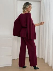 SHEIN Autumn/Winter Vintage Button & Tie Sweater And Long Pants 2 Pieces Set - Burgundy - View 2