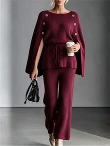 SHEIN Autumn/Winter Vintage Button & Tie Sweater And Long Pants 2 Pieces Set - Burgundy - View 1