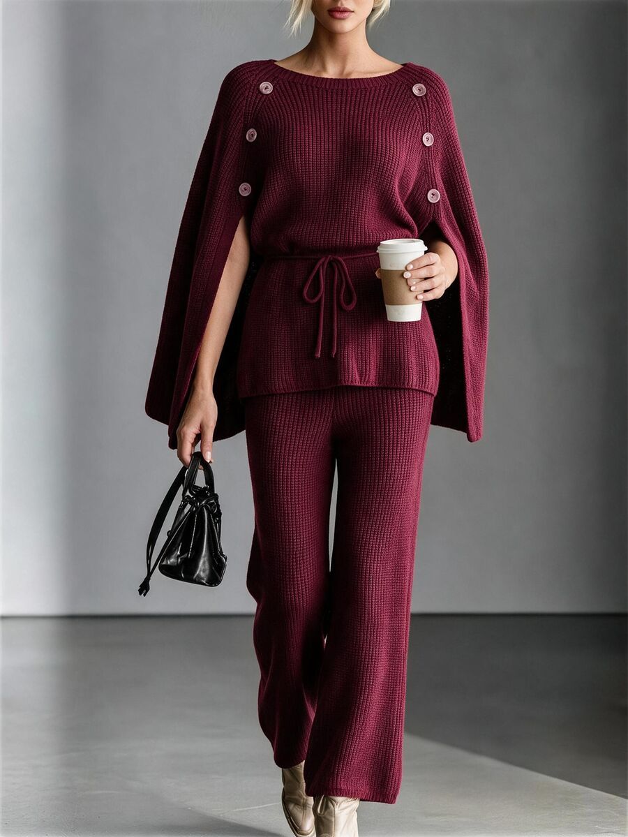 SHEIN Autumn/Winter Vintage Button & Tie Sweater And Long Pants 2 Pieces Set - Burgundy - View 1