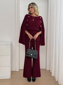 SHEIN Autumn/Winter Vintage Button & Tie Sweater And Long Pants 2 Pieces Set - Burgundy - View 6