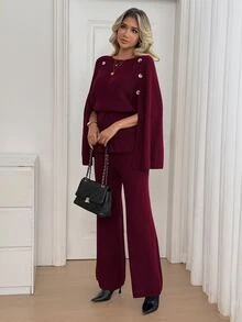 SHEIN Autumn/Winter Vintage Button & Tie Sweater And Long Pants 2 Pieces Set - Burgundy - View 4