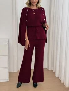 SHEIN Autumn/Winter Vintage Button & Tie Sweater And Long Pants 2 Pieces Set - Burgundy - View 7