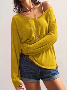 Bohemela 秋冬波希米亞風休閒純色針織V領長袖寬鬆女款T恤 日常穿搭 芥末黃 - 黃色 - 查看 5