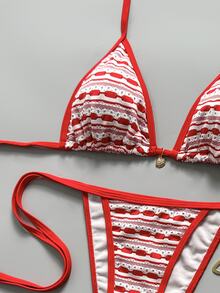 Swim Mod Set Bikini Wanita Terbaru, Model Terbaru, Seksi, Bertekstur, dengan Liontin Kerang, Pakaian Renang Bikini untuk Liburan, Pelayaran, dan Pantai - Merah - View 7
