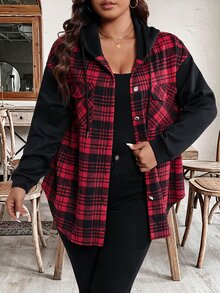 SHEIN LUNE Jaket Berkerudung Wanita Ukuran Besar dengan Tali Serut, Desain Blok Warna, Saku, Melangsingkan, Modis, Nyaman, Cocok untuk Jalan-jalan, Bepergian, dan Pakaian Rumahan - MultiWarna - View 5